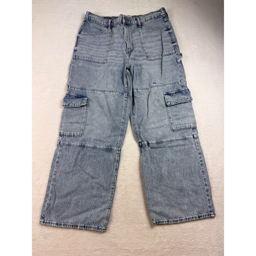 SO Goods For Life Womens High Rise Cargo Wide Leg Jeans Light Wash Blue XL